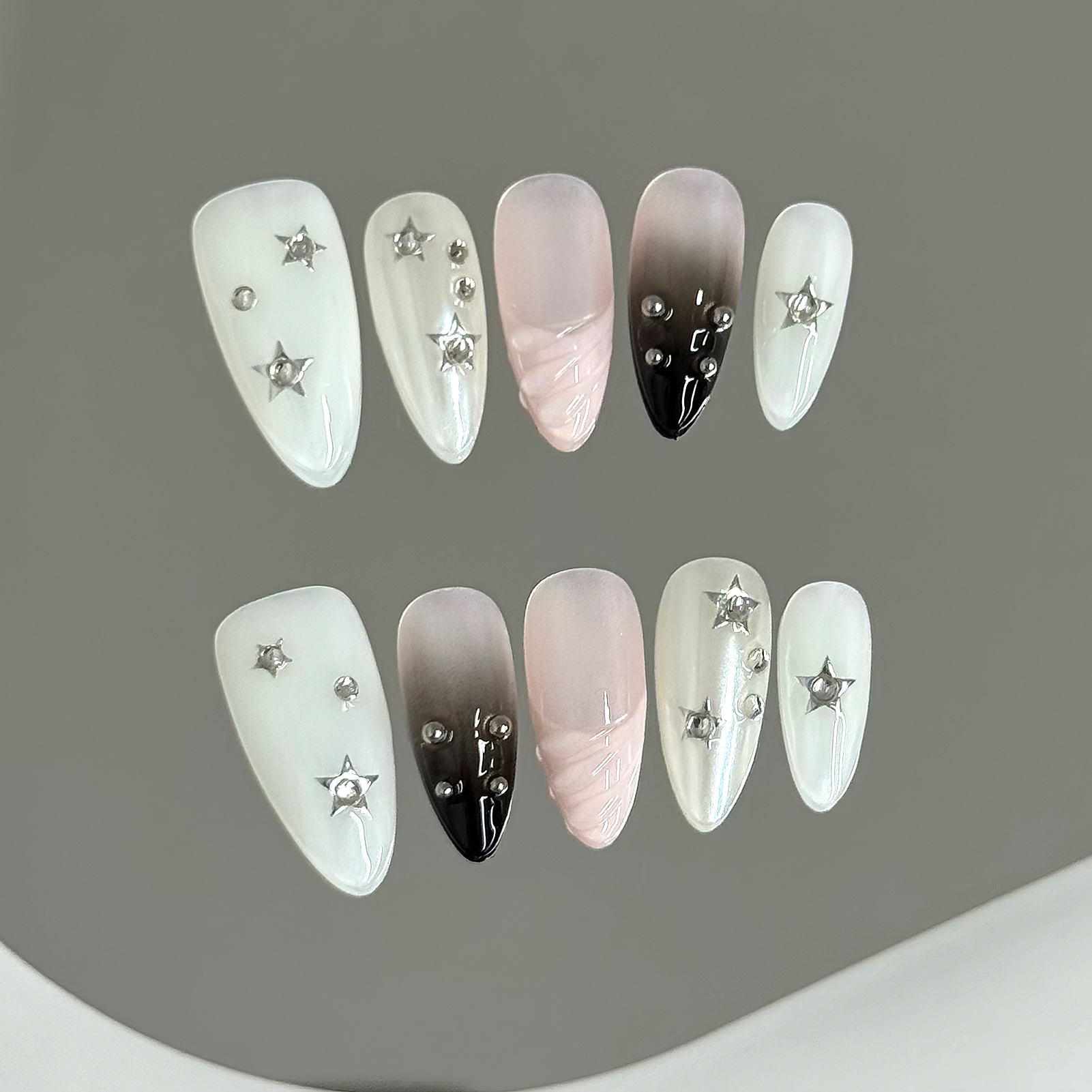 Nail Art Wedding - 10pcs Almond Fake Nails Star Glitter