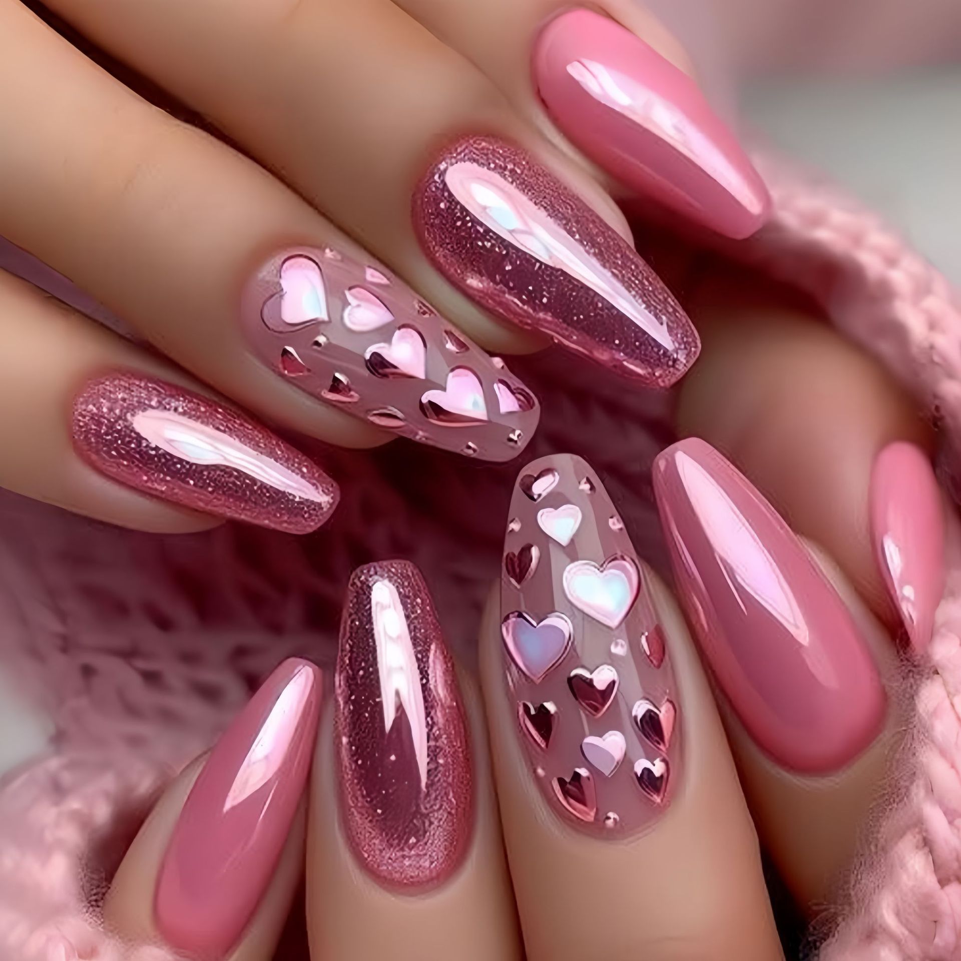 Nail Art Wedding - Medium long fake nails Pink blue